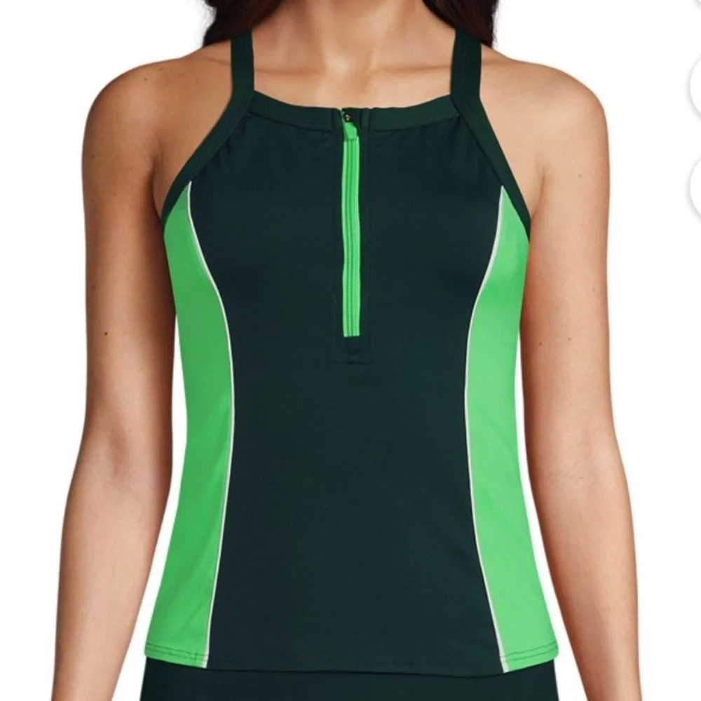 Lands’ End High Neck Zip Racerback Tankini Electric blu turquoise white Sz 2 NWT